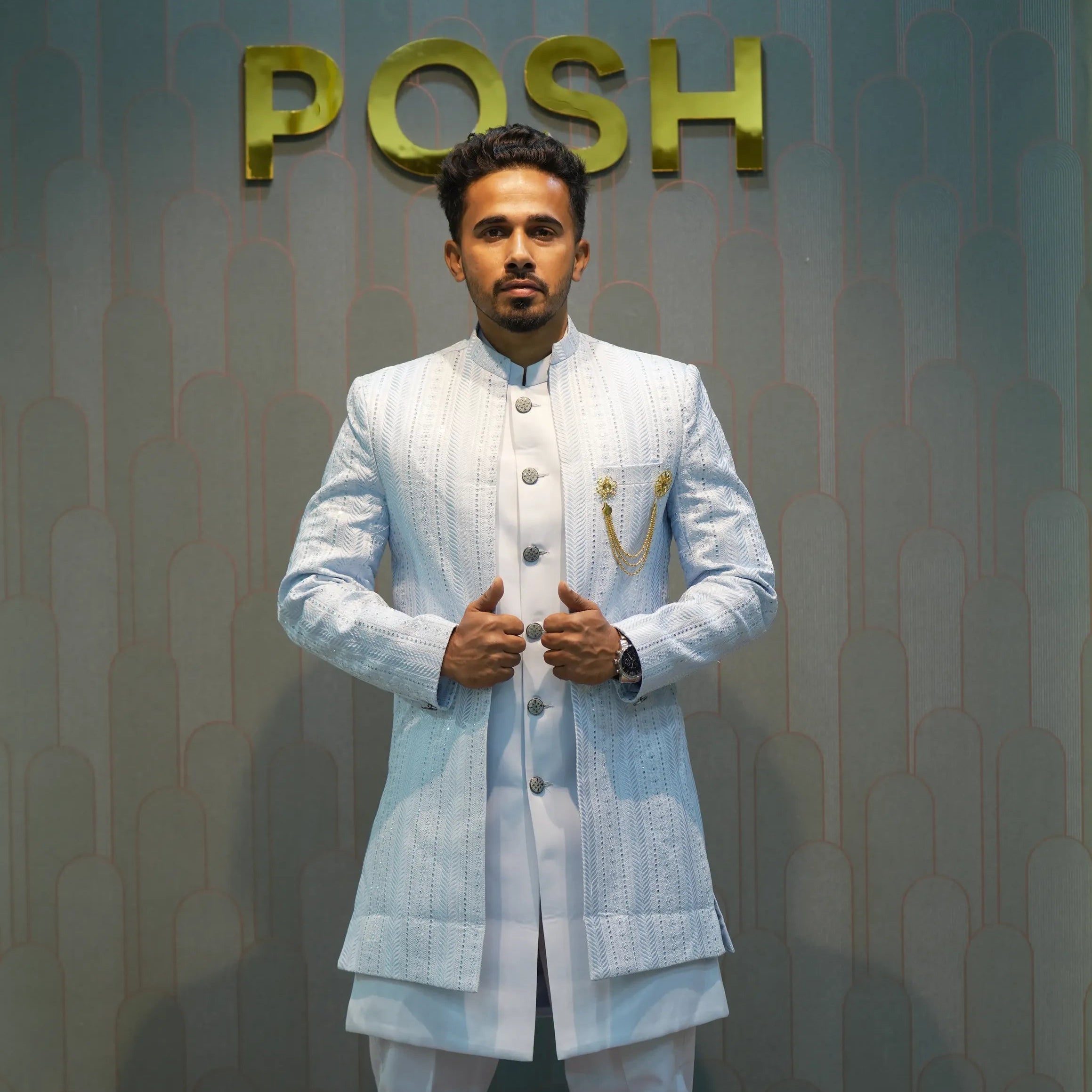 Ice Blue Indo-Western Sherwani Set for Men – Posh Wedding Rental