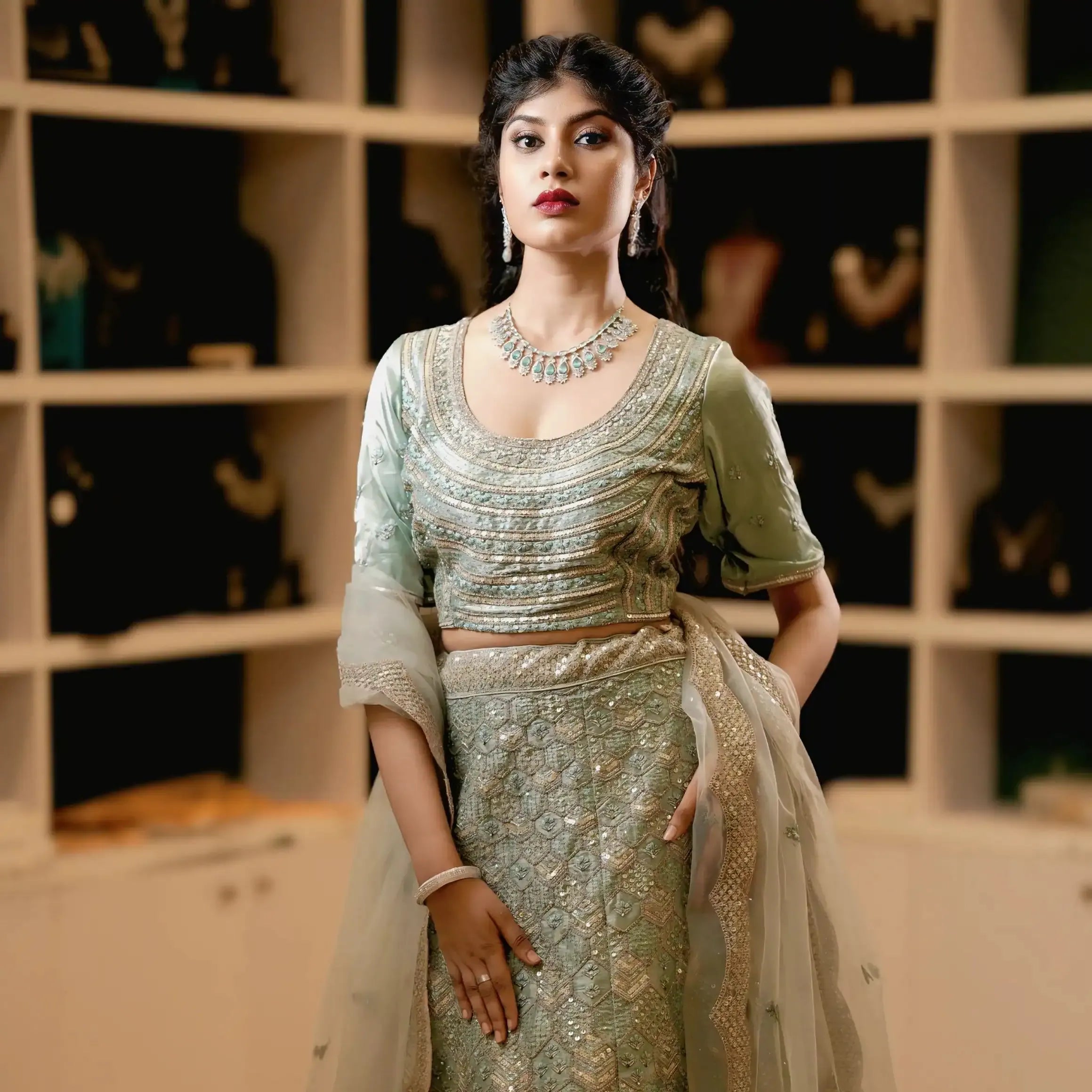 Sage Green Lehenga Rental Kerala