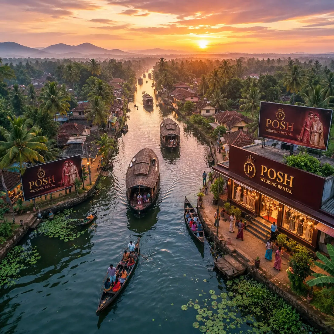 Luxury wedding dress rental showroom near Kerala backwaters featuring bridal lehengas, groom suits, houseboats, scenic sunset views, and premium wedding fashion.