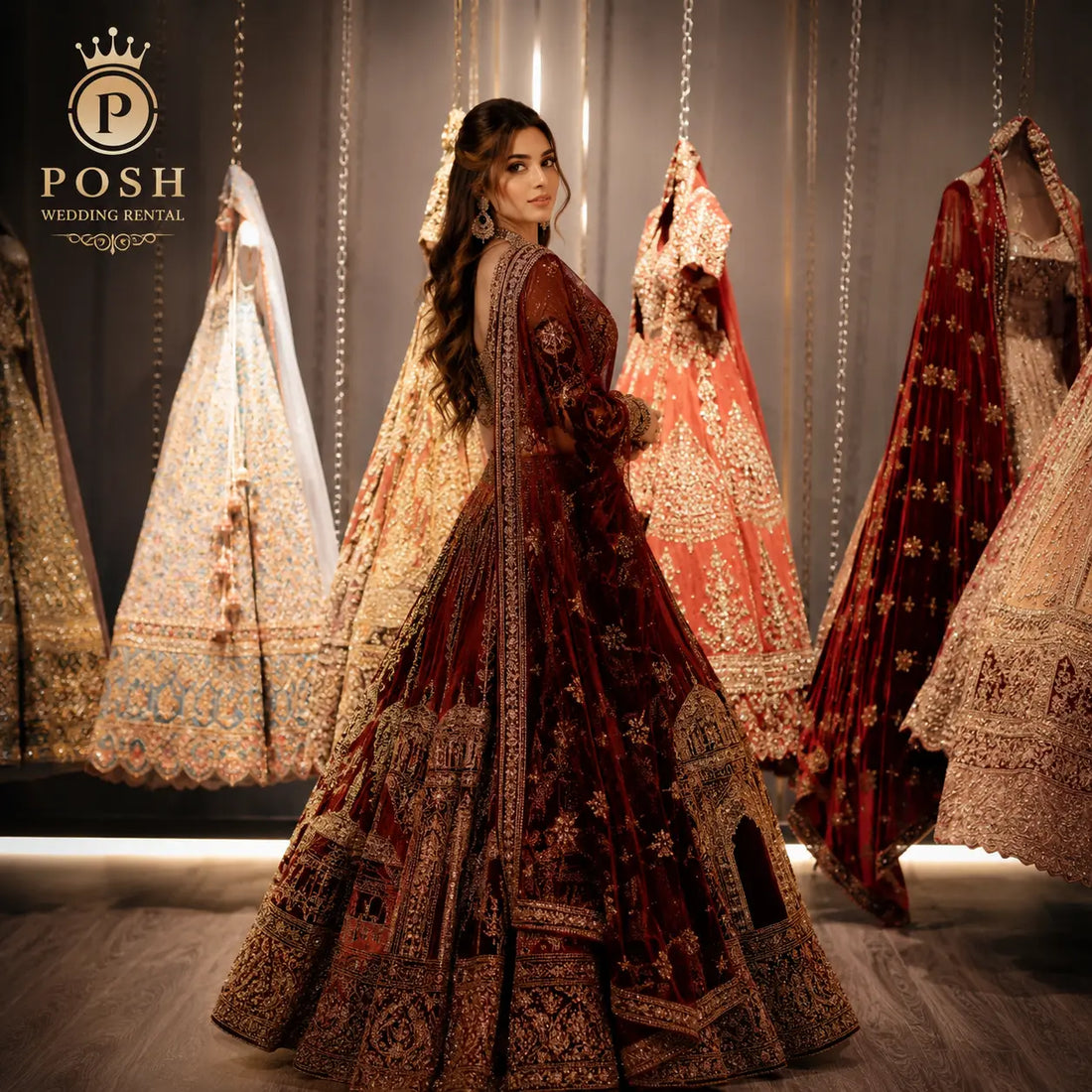 Luxury bridal lehenga collection with maroon embroidered designer bridal wear and premium wedding lehengas available for rental at Posh Wedding Rental.