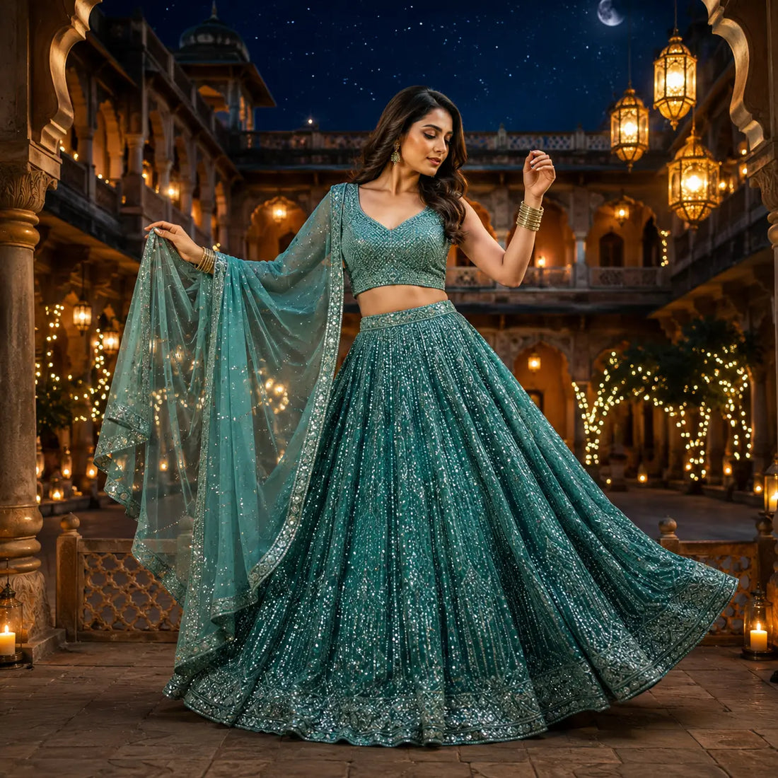Premium sea green bridal lehenga with glitter embroidery and matching dupatta for women, showcased in a royal palace at night, perfect for wedding dress rental, women bridal dresses, and bridal gown for women.