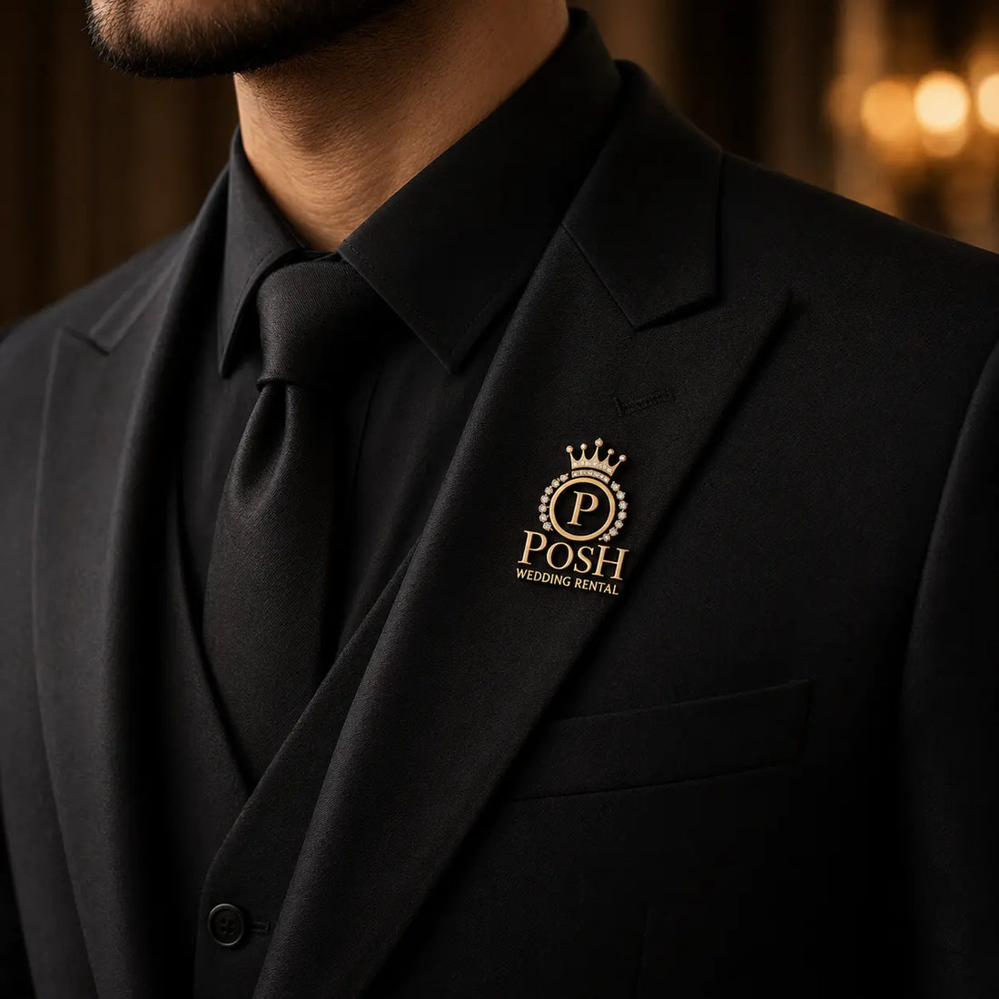 Luxury gold groom suit brooch attached to a black tuxedo lapel, perfect for groom wedding accessories, wedding suit styling, men's wedding fashion, and premium groom attire.