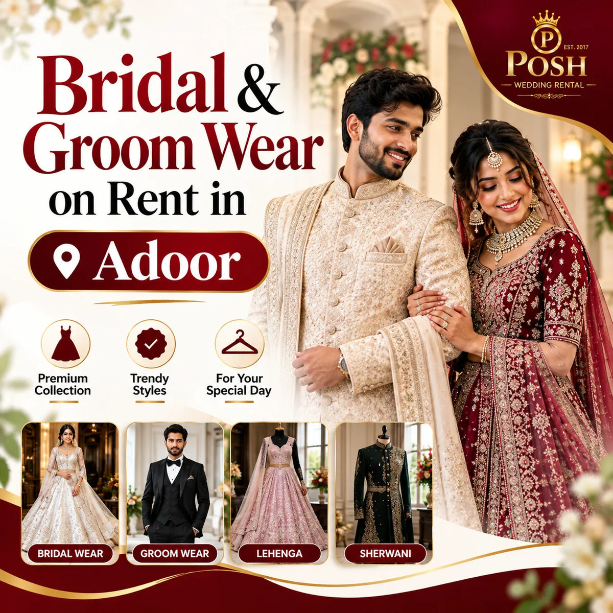 Bridal & Groom Wear on Rent in Adoor | Wedding Dress Rental Shop
