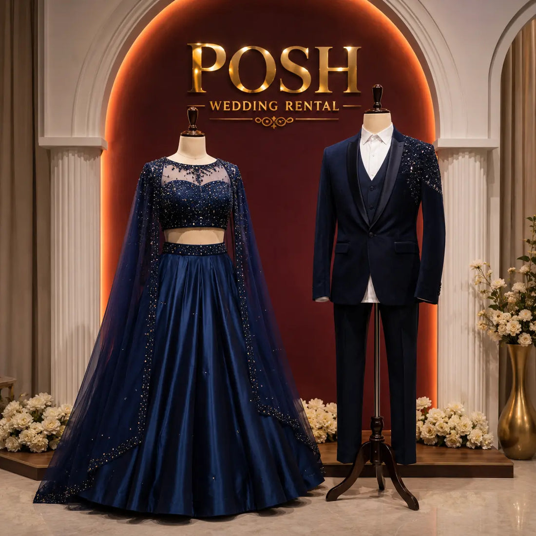 Luxury navy blue bridal lehenga and matching groom tuxedo on display at a wedding dress rental showroom in Kerala, featuring women bridal dresses, bridal gown for women, groom wedding suit rental, and premium couple wedding collections.
