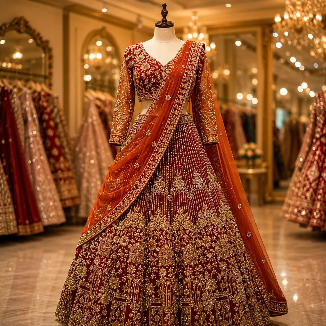 Bridal lehenga for rent in Trivandrum featuring maroon and gold embroidery with an elegant orange dupatta for weddings.