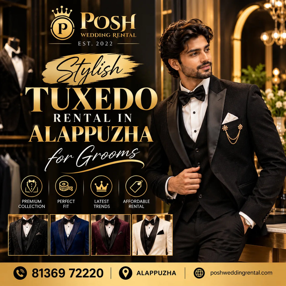 Stylish Tuxedo Rental in Alappuzha for Grooms