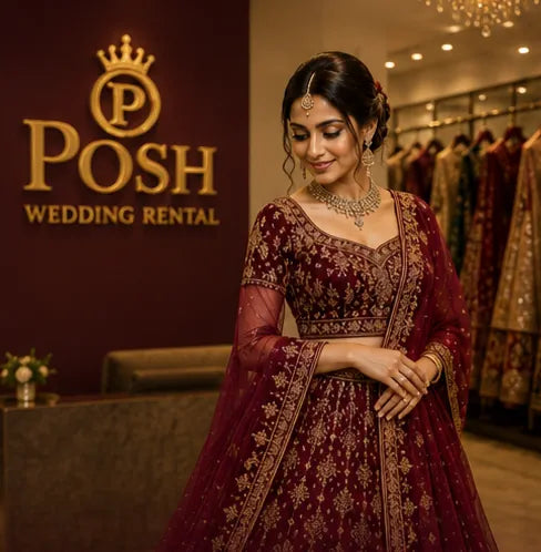 Deep maroon bridal outfit with intricate gold embroidery and matching dupatta, creating a luxurious look for wedding ceremonies and wedding receptions.