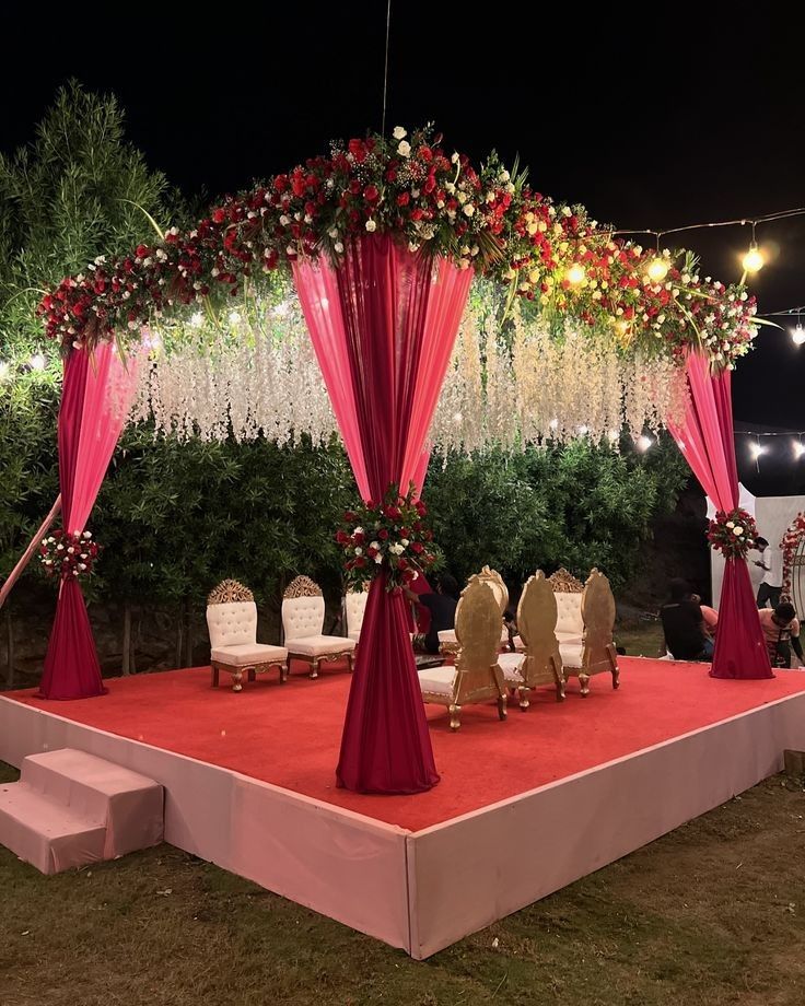 Luxury outdoor wedding stage decoration with vibrant floral arrangements, elegant seating, hanging flowers, and premium lighting setup, perfect for outdoor weddings, wedding stage decoration, and grand wedding receptions in Kerala.
