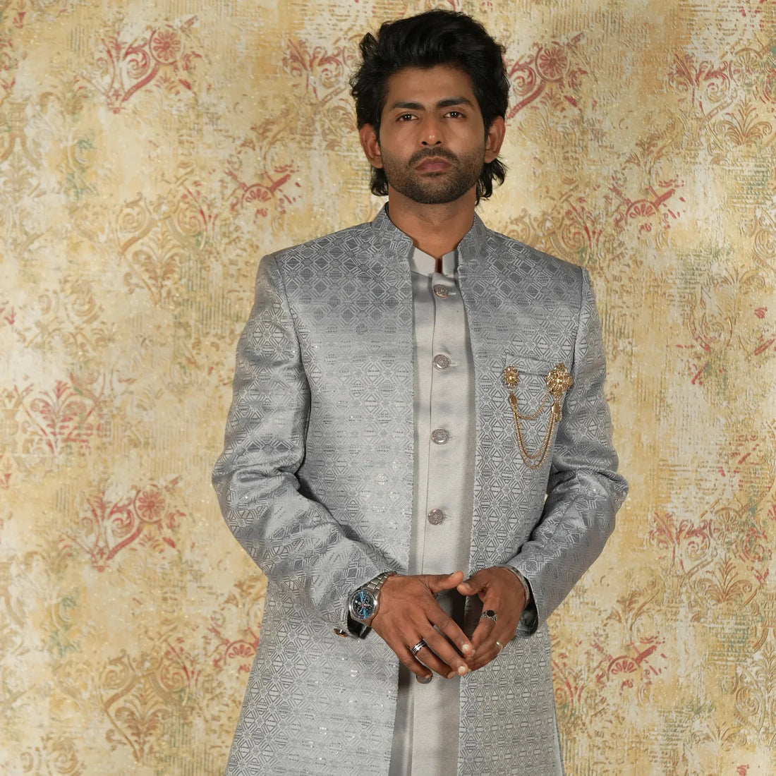 Silver Grey Designer Indo-Western Sherwani on Rent in Kochi
