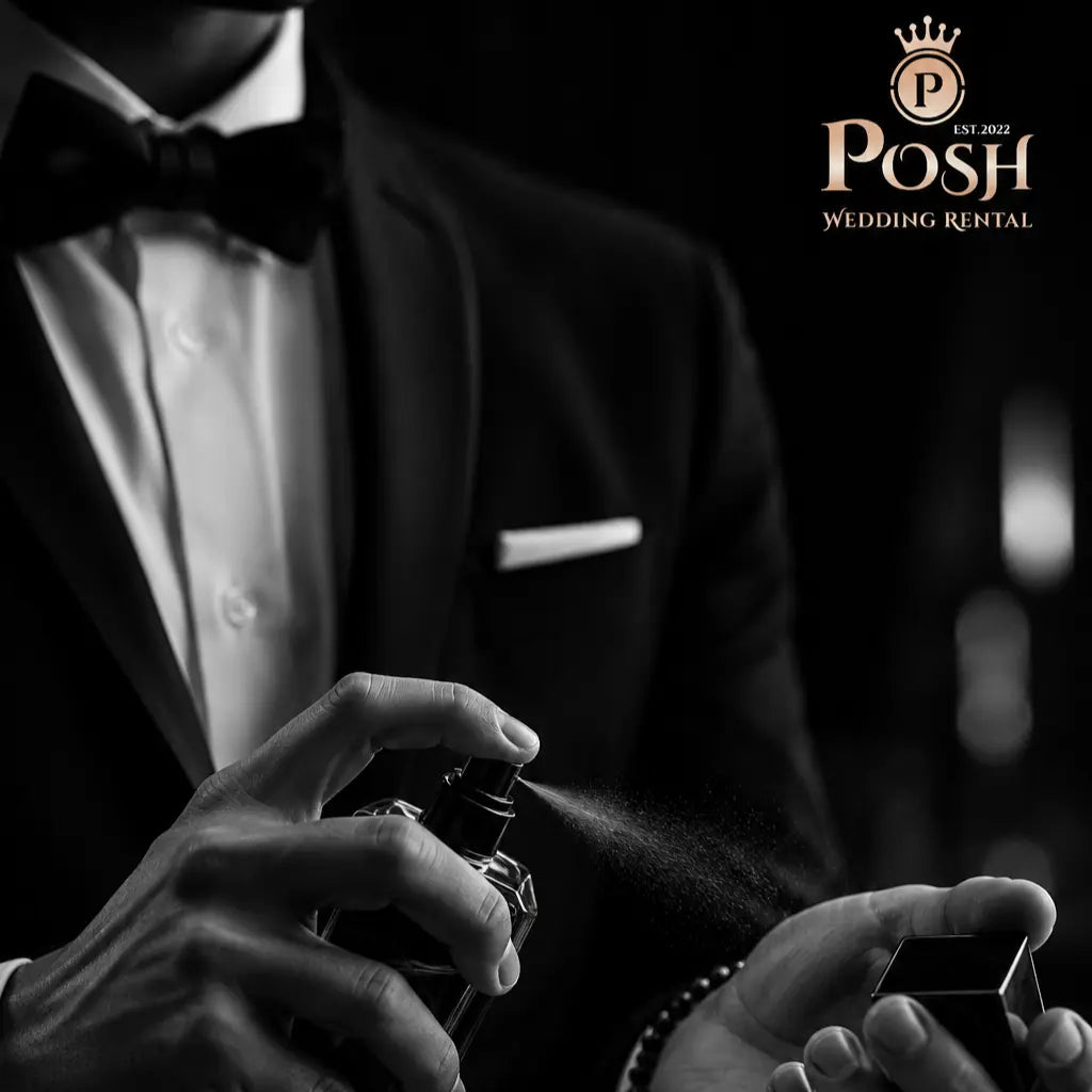 Elegant groom in a classic black tuxedo applying perfume before a wedding ceremony, showcasing luxury men's wedding fashion, groom styling, wedding dress rental in Kerala, and premium groom wear preparation.