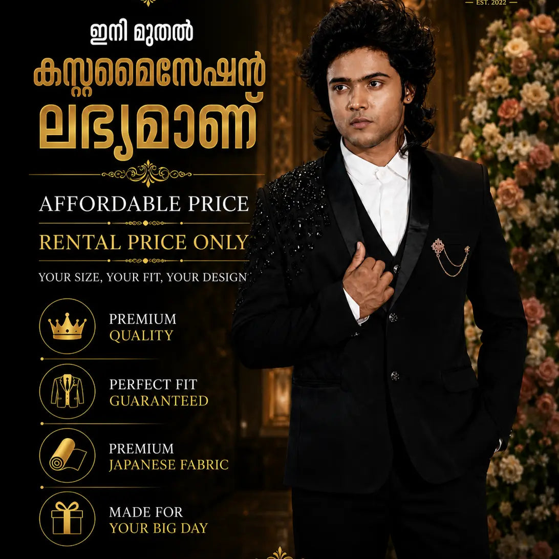 Custom black groom suit with premium Japanese fabric, available through wedding dress rental in Kerala. Stylish men's wedding suit with perfect fit, personalized design, and affordable rental price for weddings and receptions.