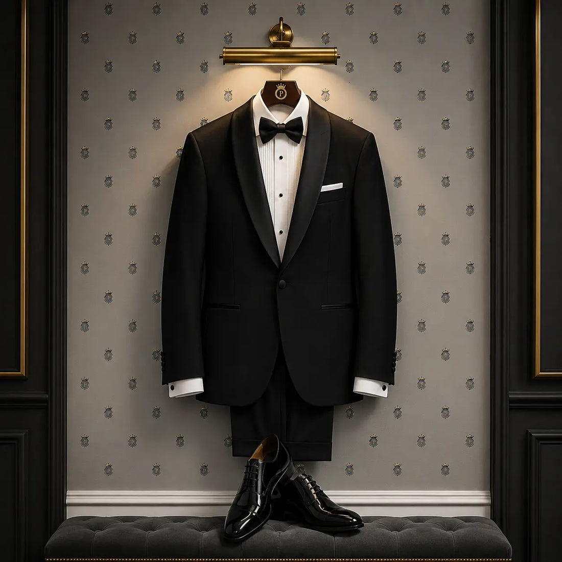 Classic black tuxedo suit with satin shawl lapel, white dress shirt, black bow tie, and polished formal shoes, elegantly displayed for groom wedding wear at Posh Wedding Rental.
