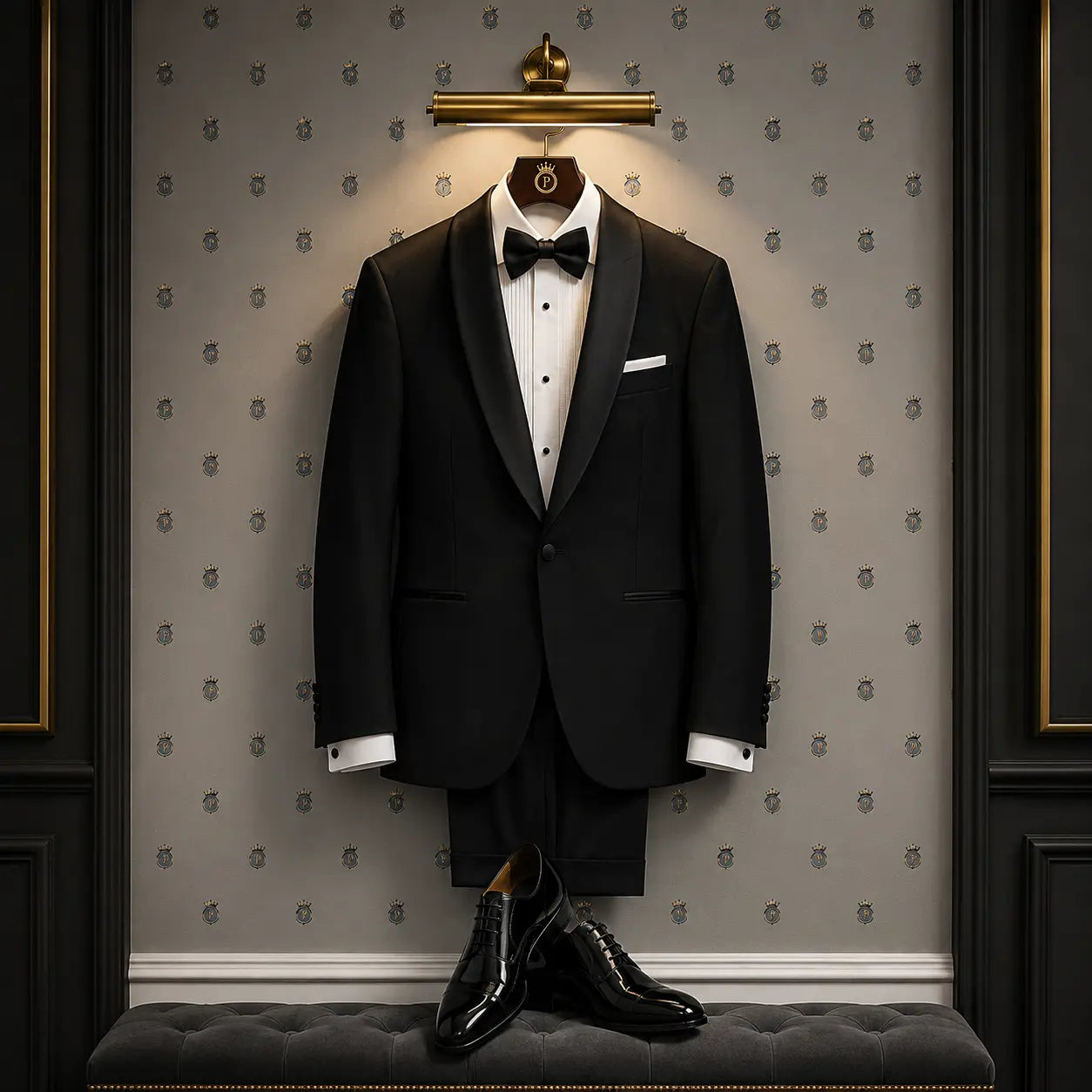 Classic black tuxedo suit with satin shawl lapel, white dress shirt, black bow tie, and polished formal shoes, elegantly displayed for groom wedding wear at Posh Wedding Rental.