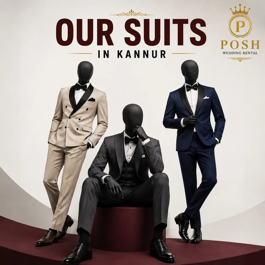 Designer groom suits in Kannur including beige double-breasted tuxedo, charcoal grey three-piece suit, and navy blue tuxedo available for wedding suit rental at Posh Wedding Rental.