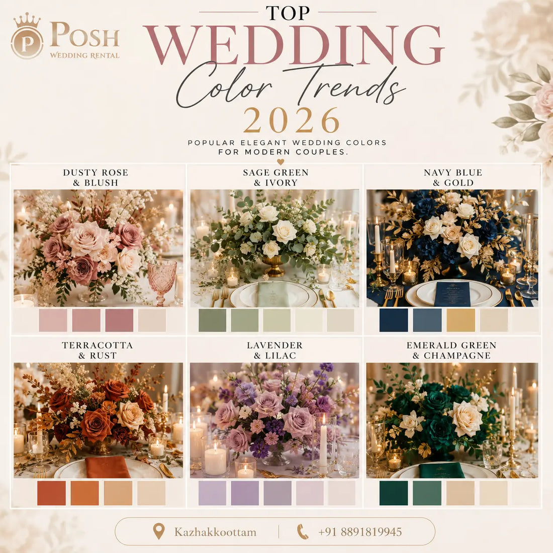 Top wedding color trends 2026 featuring elegant dusty rose, sage green, navy blue, terracotta, lavender, and emerald green wedding color palettes.