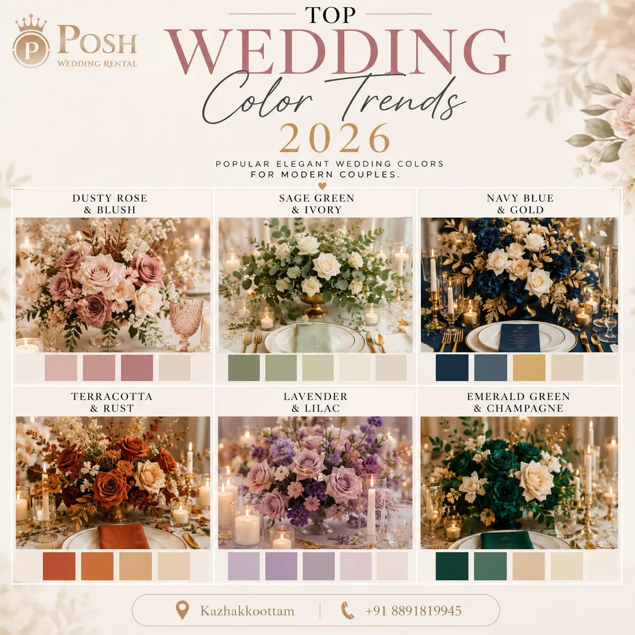 Top wedding color trends 2026 featuring elegant dusty rose, sage green, navy blue, terracotta, lavender, and emerald green wedding color palettes.