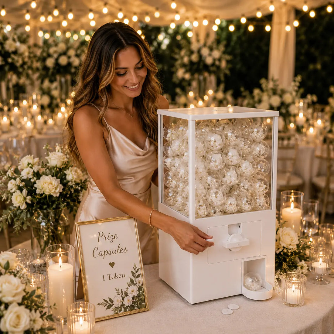 Image Alt Text  Wedding capsule game station with a bride-to-be drawing prize capsules from a white capsule machine at a beautifully decorated wedding reception featuring candles, floral arrangements, and warm string lights.  SEO Alt Text