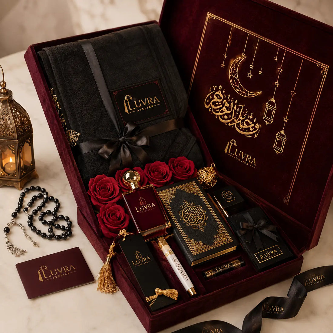 Premium Islamic gift hamper with Quran, prayer mat, tasbih and perfume in luxury personalised gift box by Luvra Atelier.