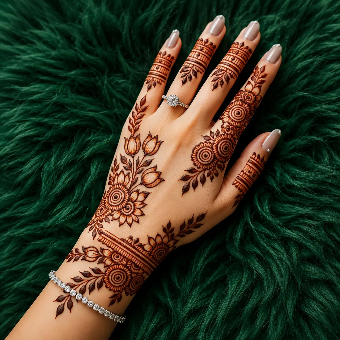 Latest bridal mehndi design with floral lotus patterns, elegant back hand henna art, engagement ring, and modern wedding mehndi inspiration.