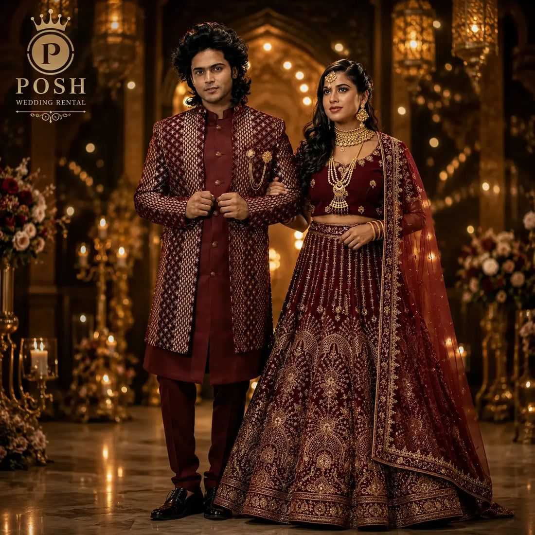 Premium groom sherwani and bridal lehenga rental featuring coordinated maroon wedding outfits for couples at Posh Wedding Rental.