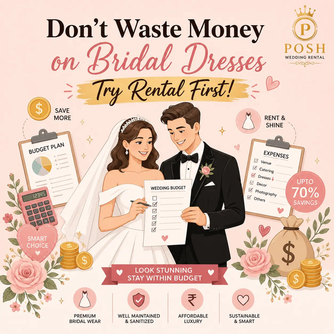 Wedding budget tips featuring bridal dress rental, affordable luxury wedding wear, and cost-saving wedding planning with Posh Wedding Rental.