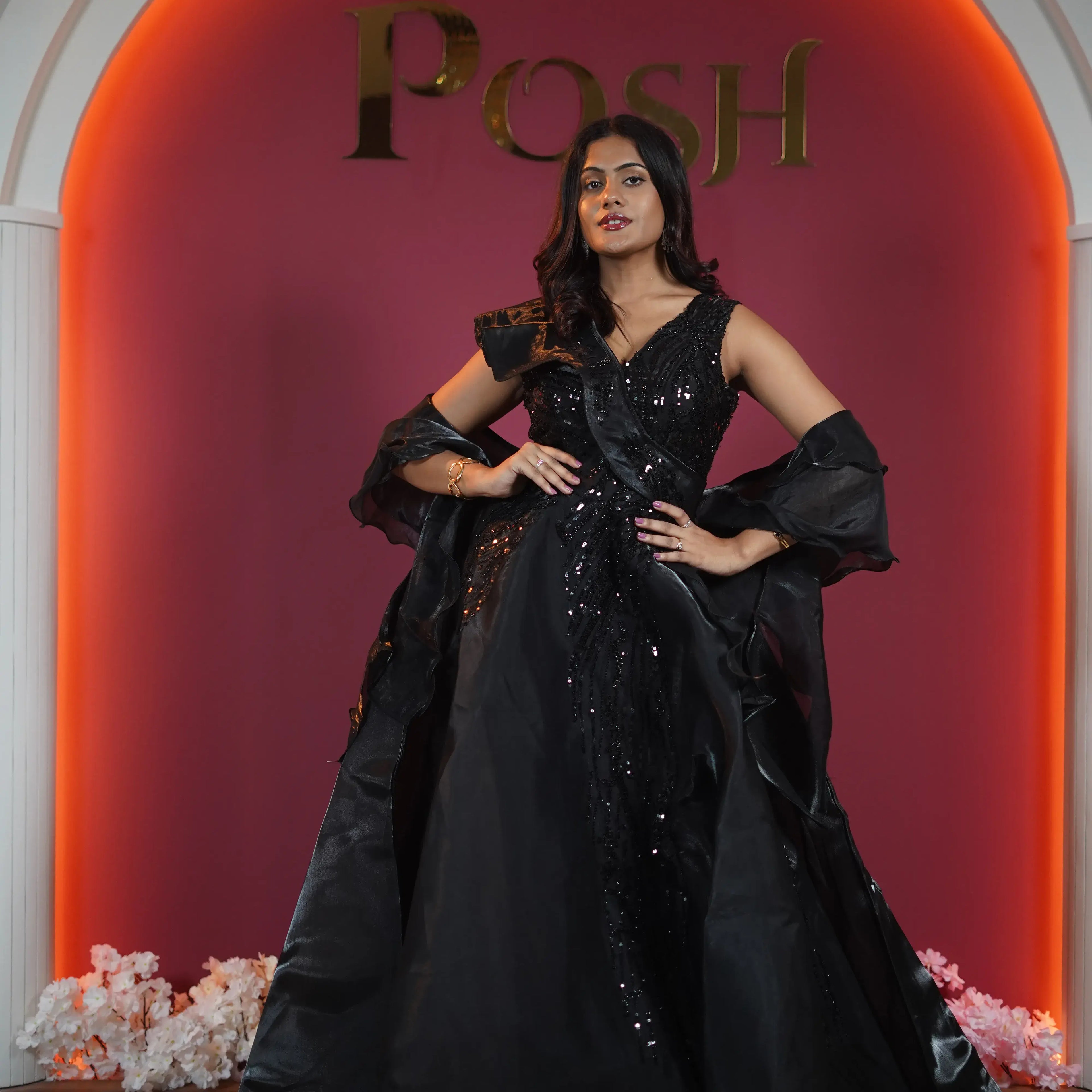 black designer sequin evening gown for women available at Posh Wedding Rental Kerala party wear gown rental