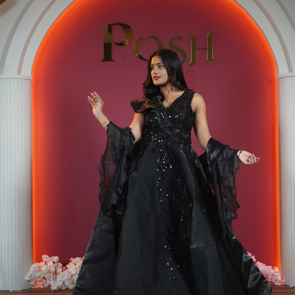 black designer sequin evening gown for women available at Posh Wedding Rental Kerala party wear gown rental
