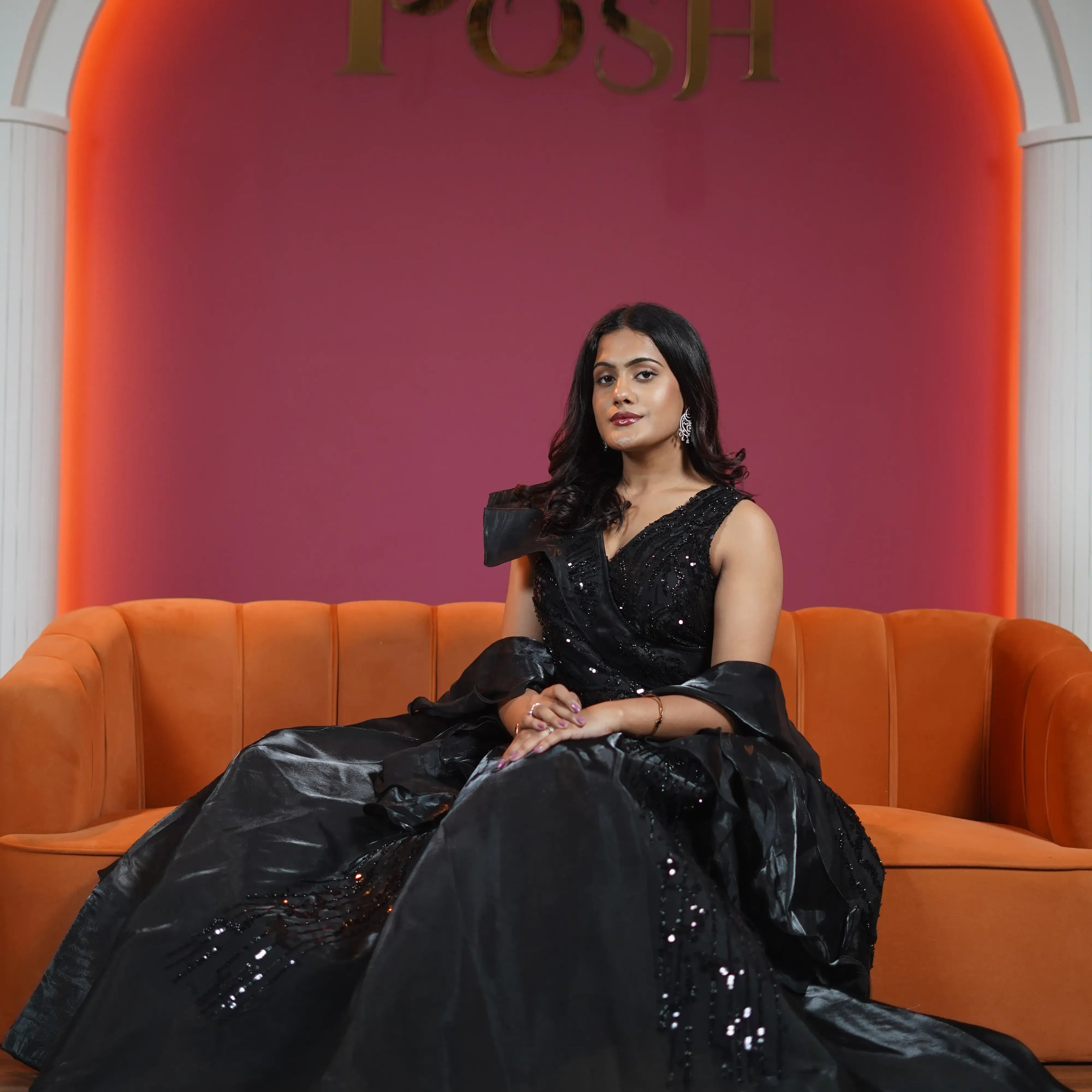 black designer sequin evening gown for women available at Posh Wedding Rental Kerala party wear gown rental
