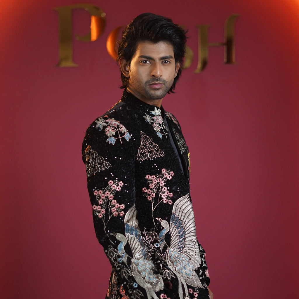 black designer embroidered jodhpuri suit for groom available at Posh Wedding Rental Kerala groom suit rental
