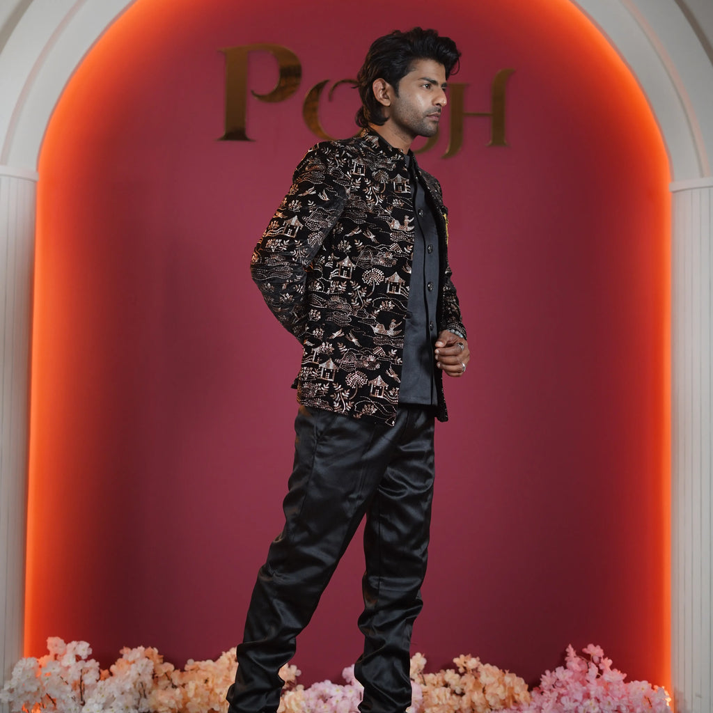 black embroidered designer jodhpuri suit for groom available at Posh Wedding Rental Kerala sherwani rental