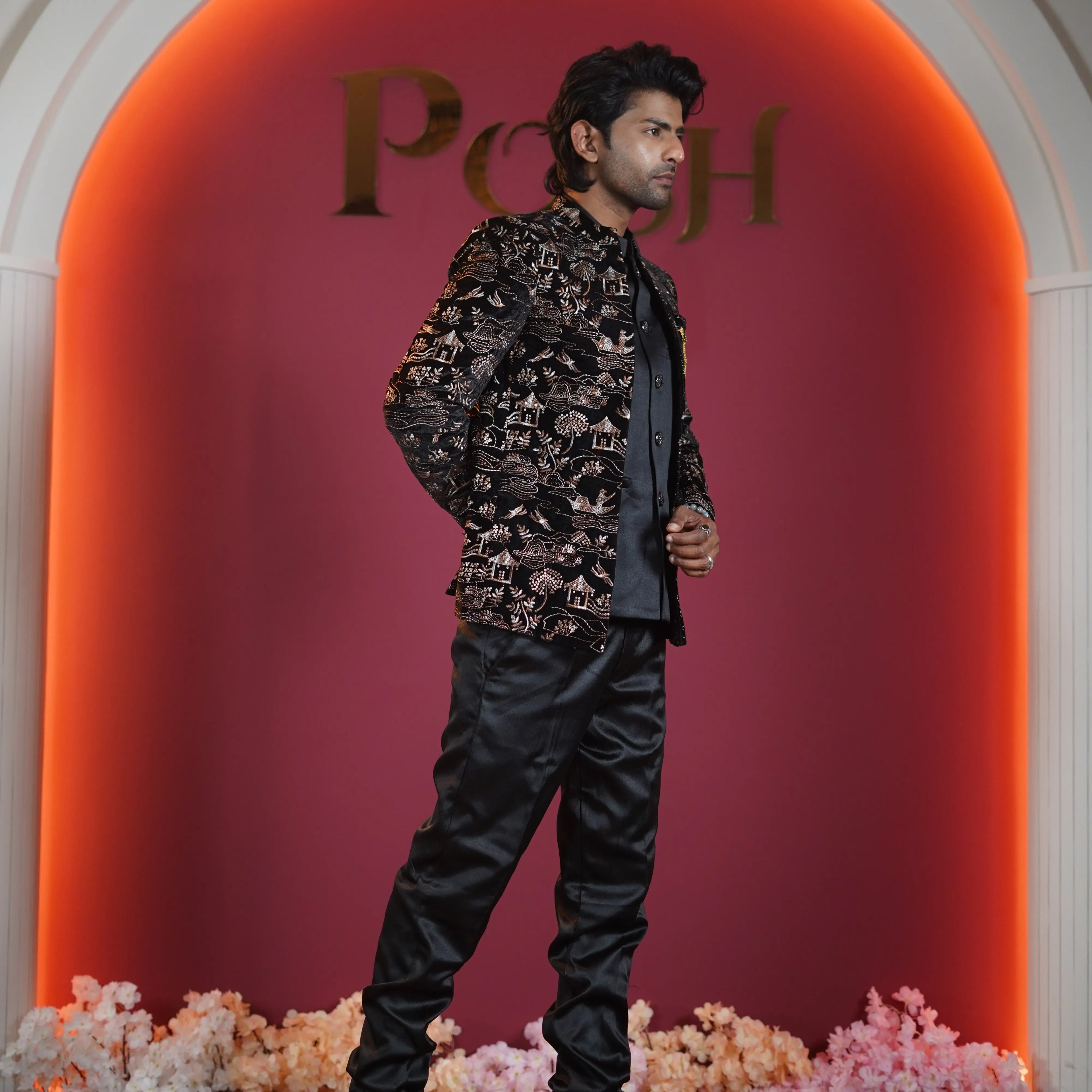 black embroidered designer jodhpuri suit for groom available at Posh Wedding Rental Kerala sherwani rental