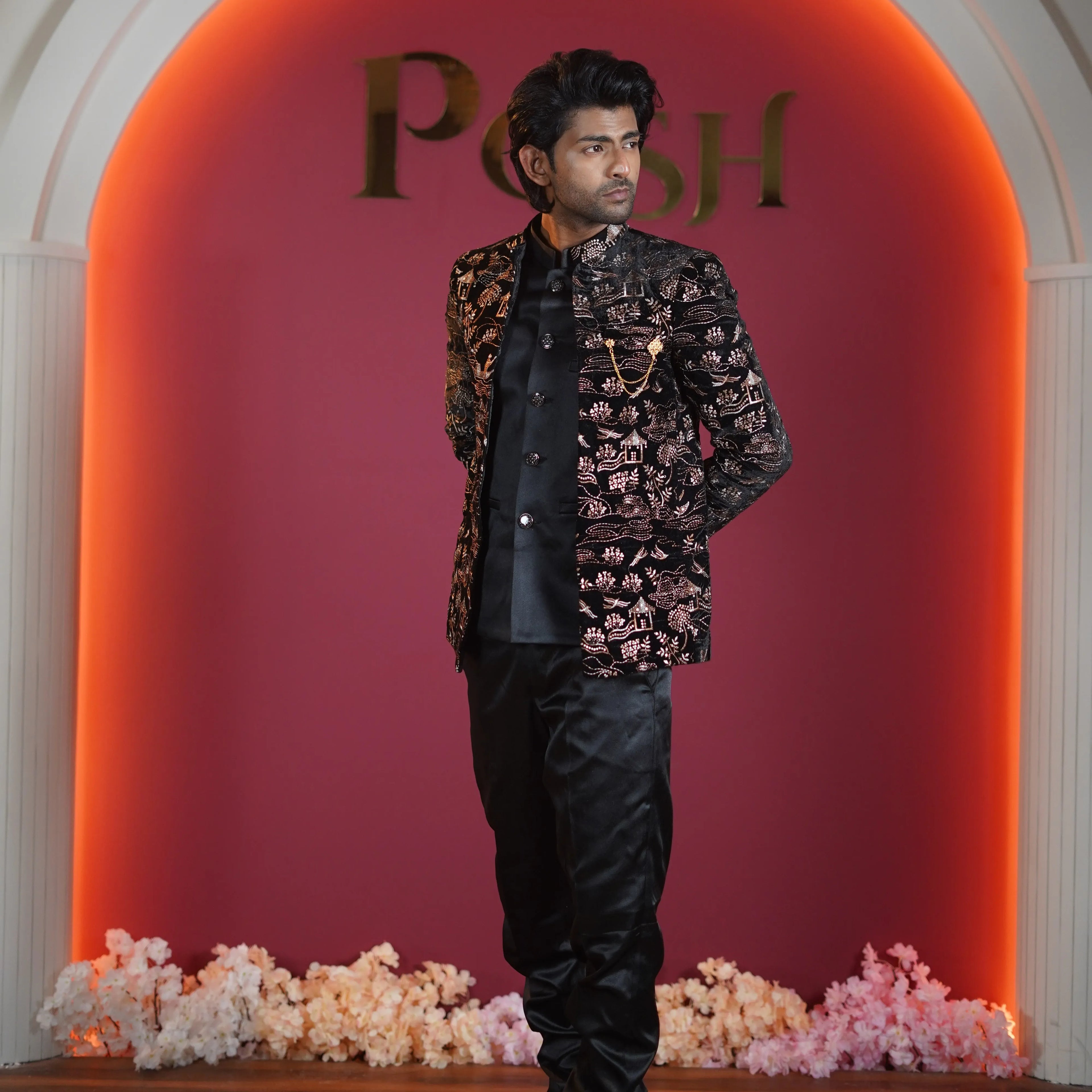 black embroidered designer jodhpuri suit for groom available at Posh Wedding Rental Kerala sherwani rental
