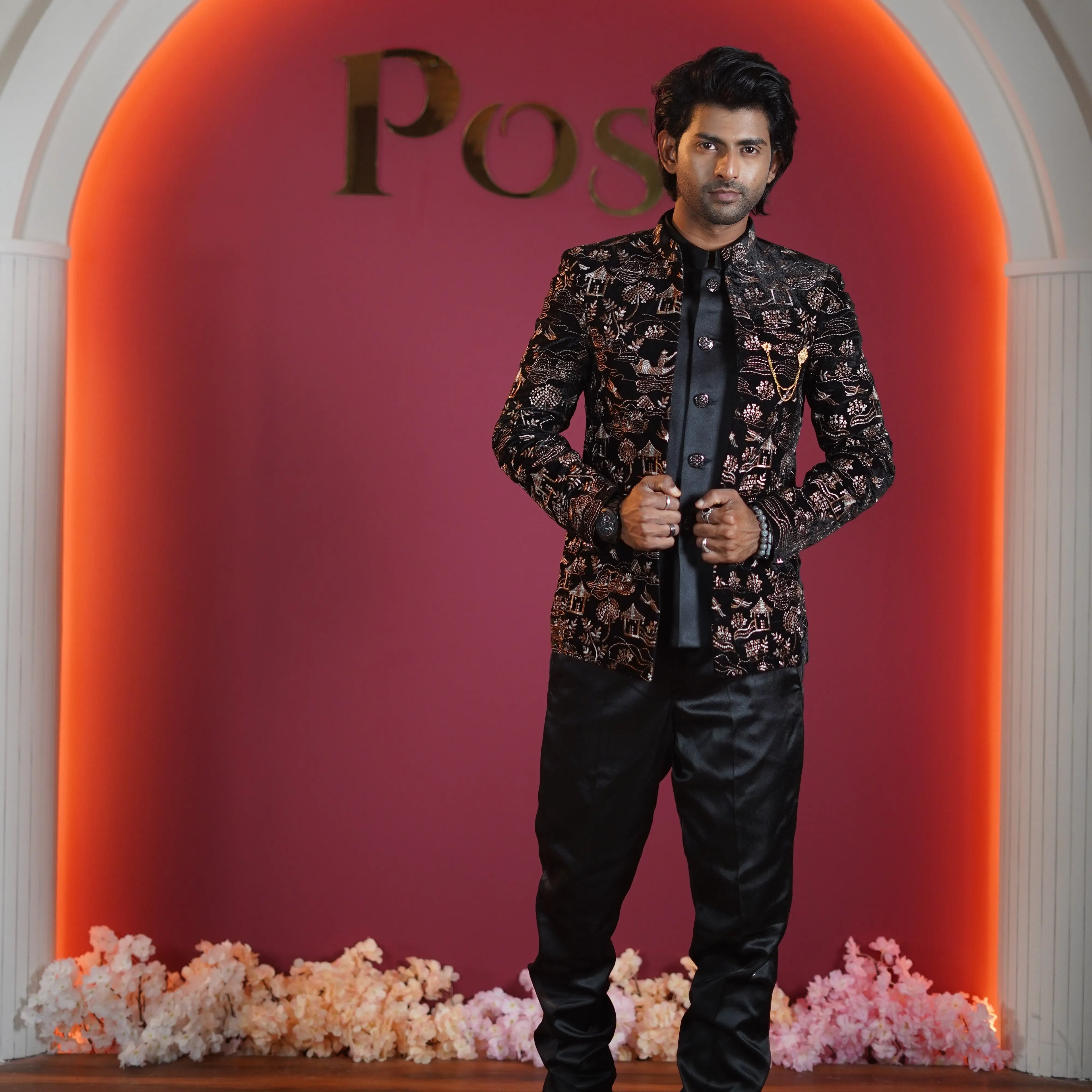 black embroidered designer jodhpuri suit for groom available at Posh Wedding Rental Kerala sherwani rental