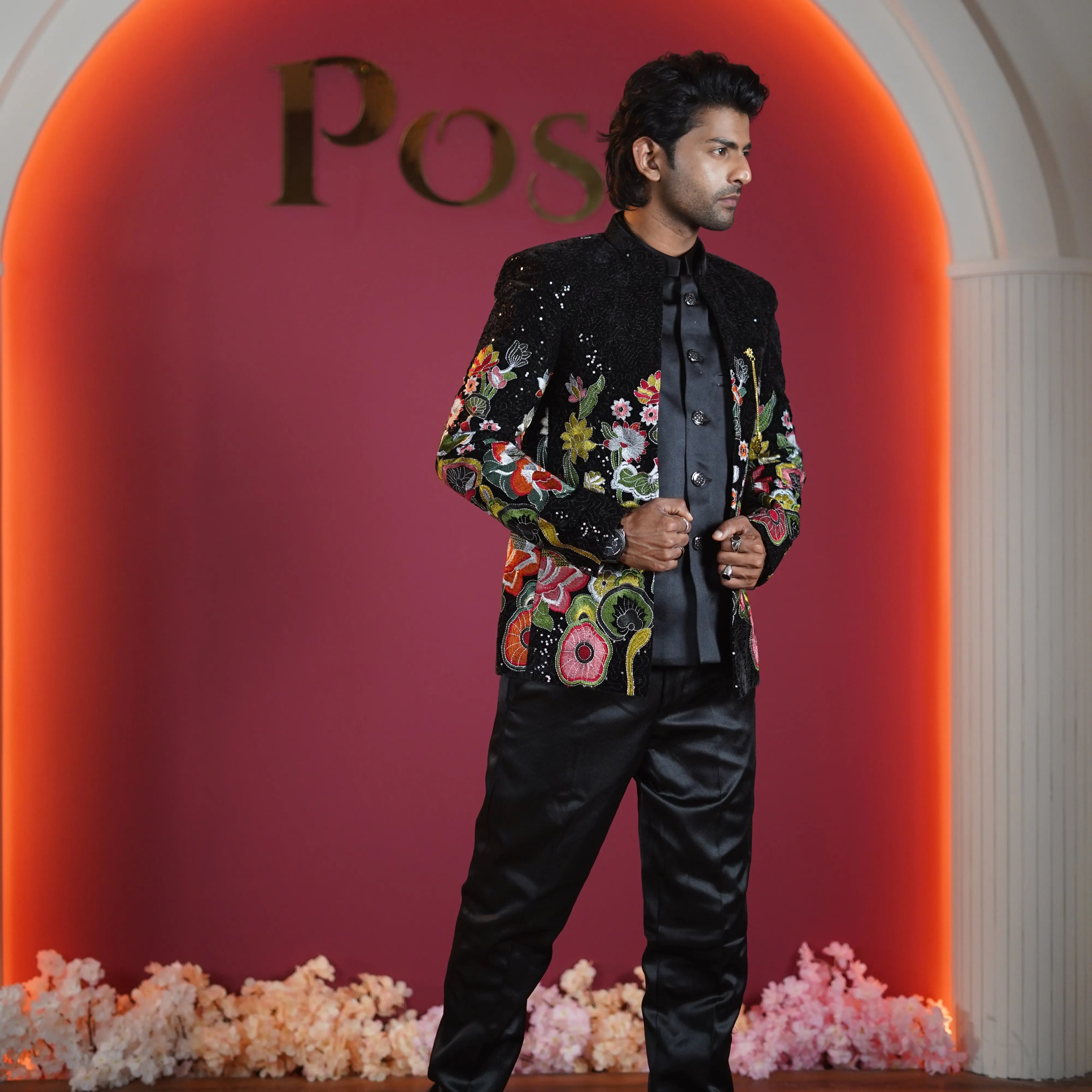 black floral embroidered designer jodhpuri suit for groom available at Posh Wedding Rental Kerala sherwani rental