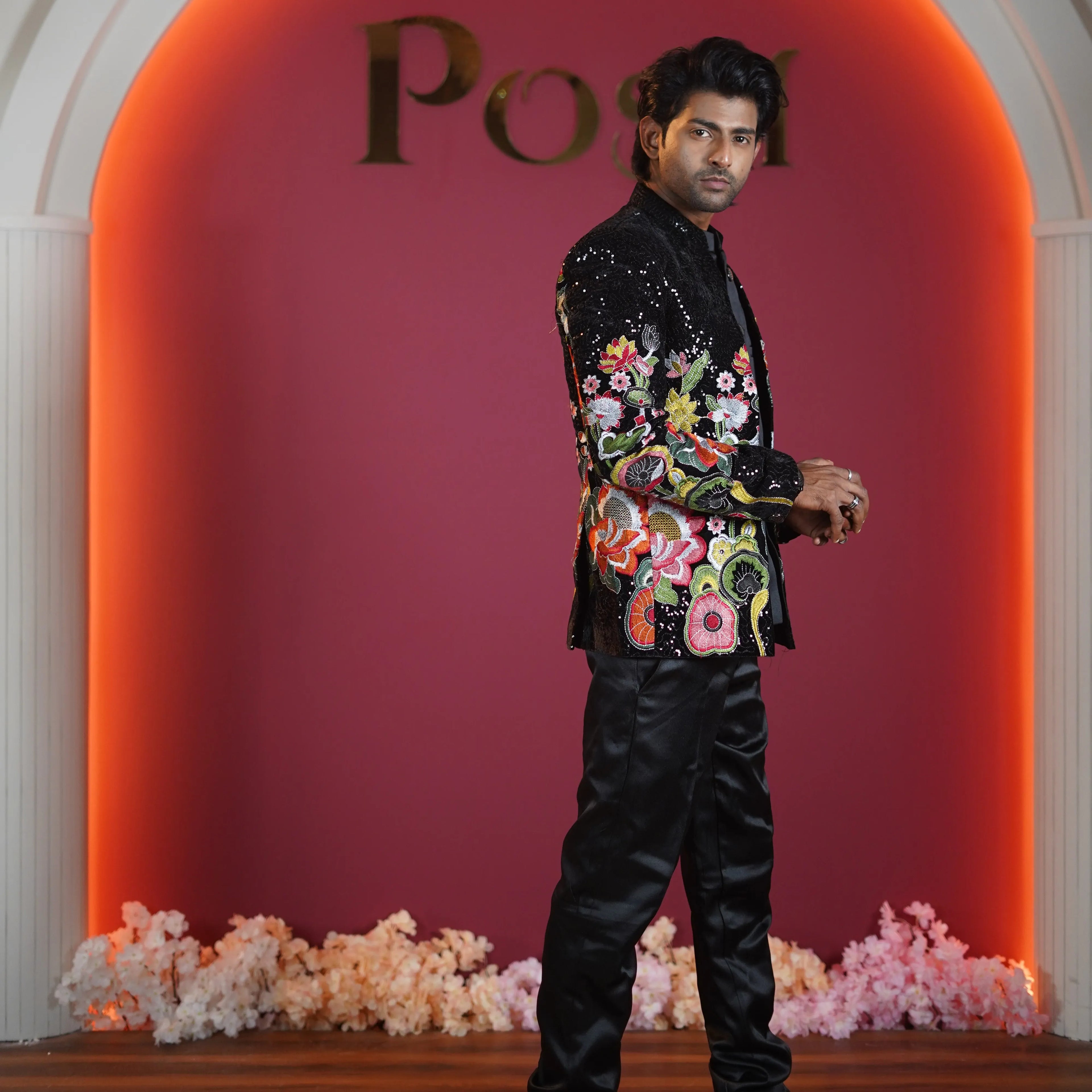 black floral embroidered designer jodhpuri suit for groom available at Posh Wedding Rental Kerala sherwani rental
