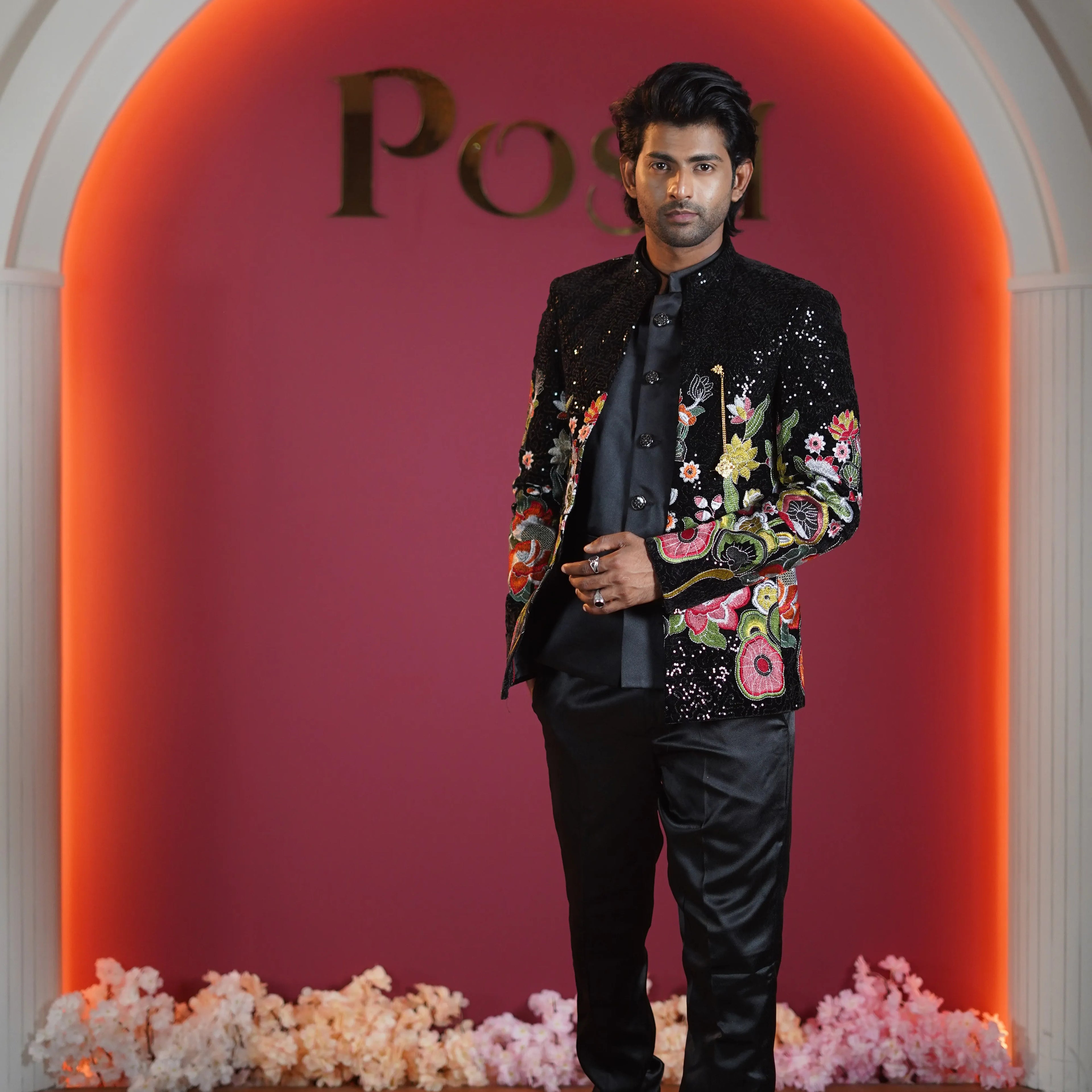 black floral embroidered designer jodhpuri suit for groom available at Posh Wedding Rental Kerala sherwani rental