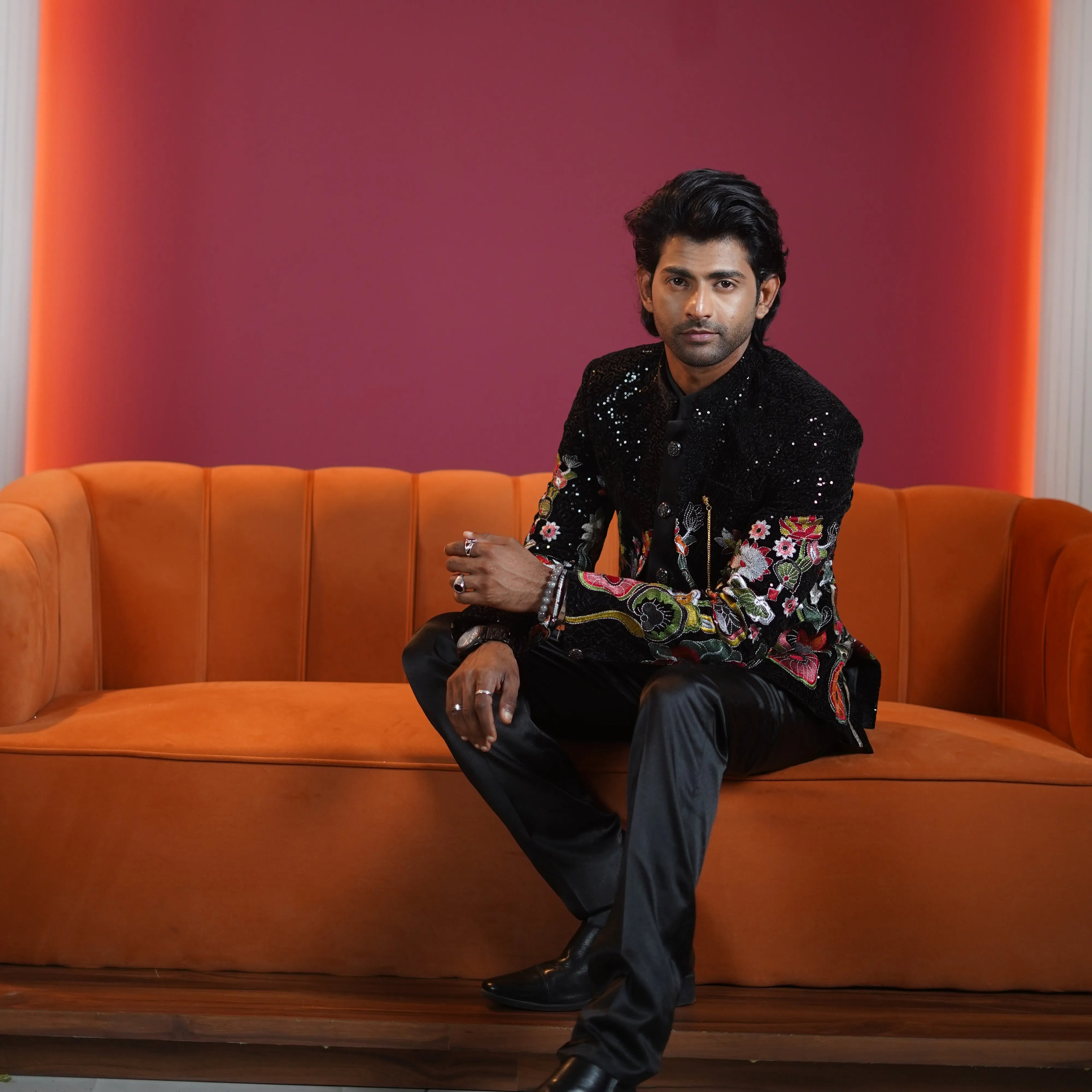 black floral embroidered designer jodhpuri suit for groom available at Posh Wedding Rental Kerala sherwani rental