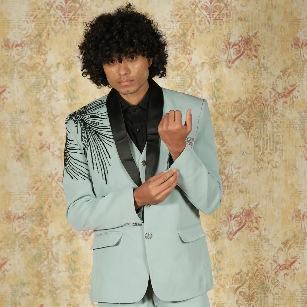 Blue groom suit for wedding reception with shawl lapel