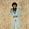 Blue designer groom suit with shoulder detailing and pocket chain