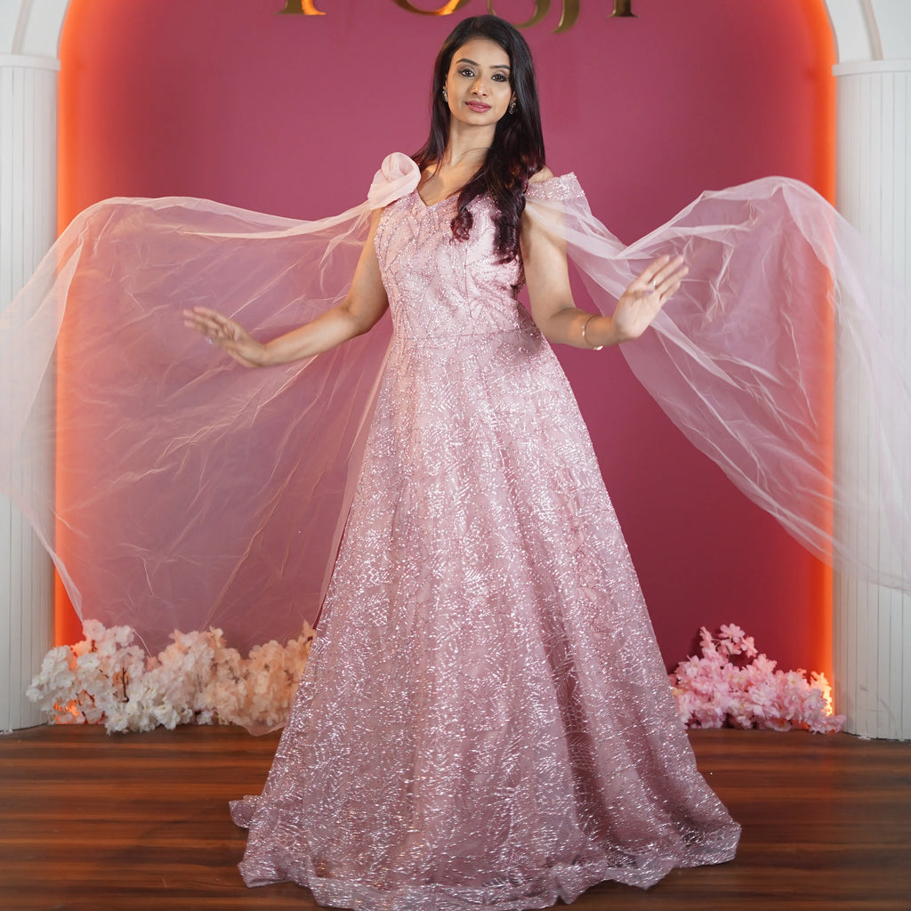 blush pink designer sequin evening gown available at Posh Wedding Rental Kerala reception gown rental