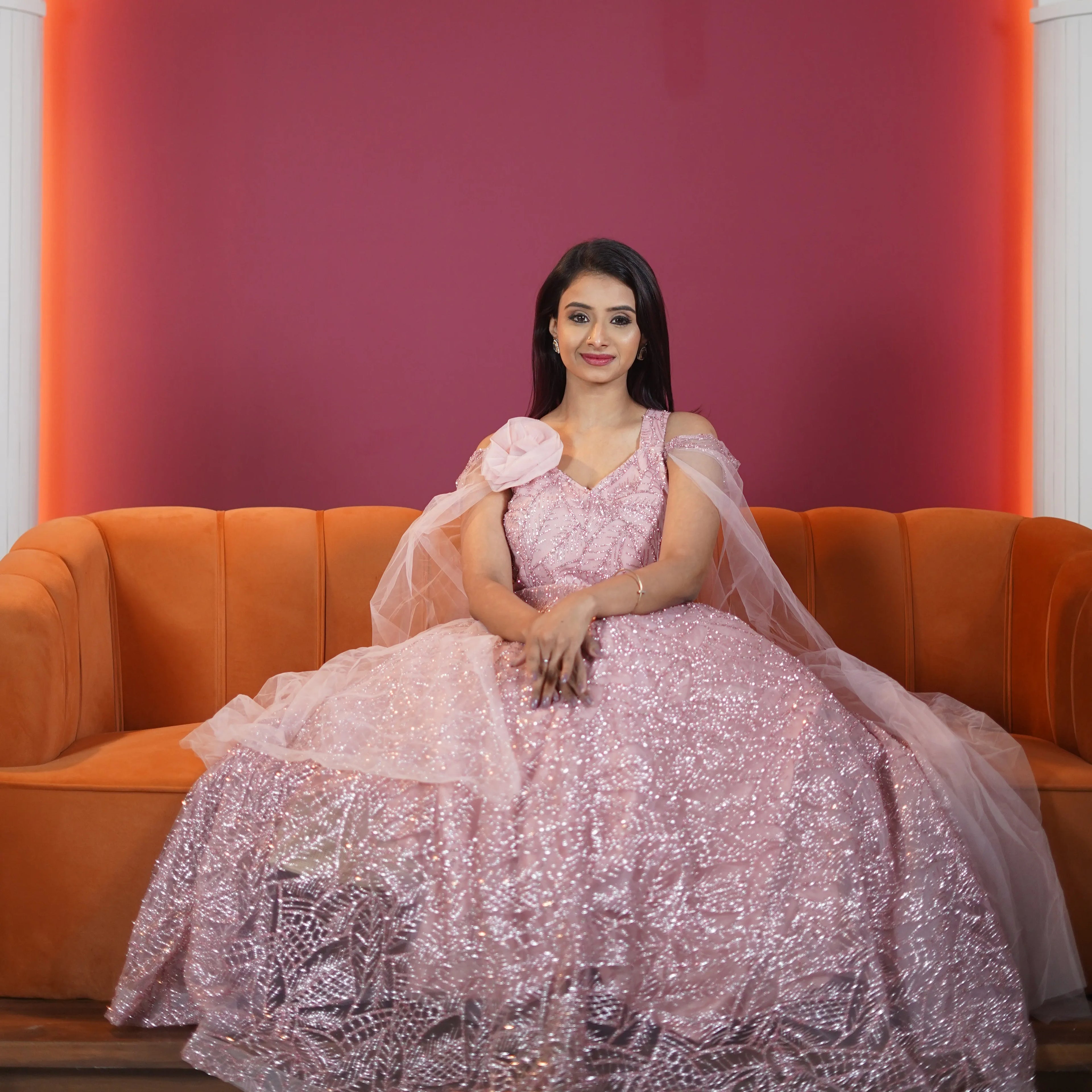 blush pink designer sequin evening gown available at Posh Wedding Rental Kerala reception gown rental