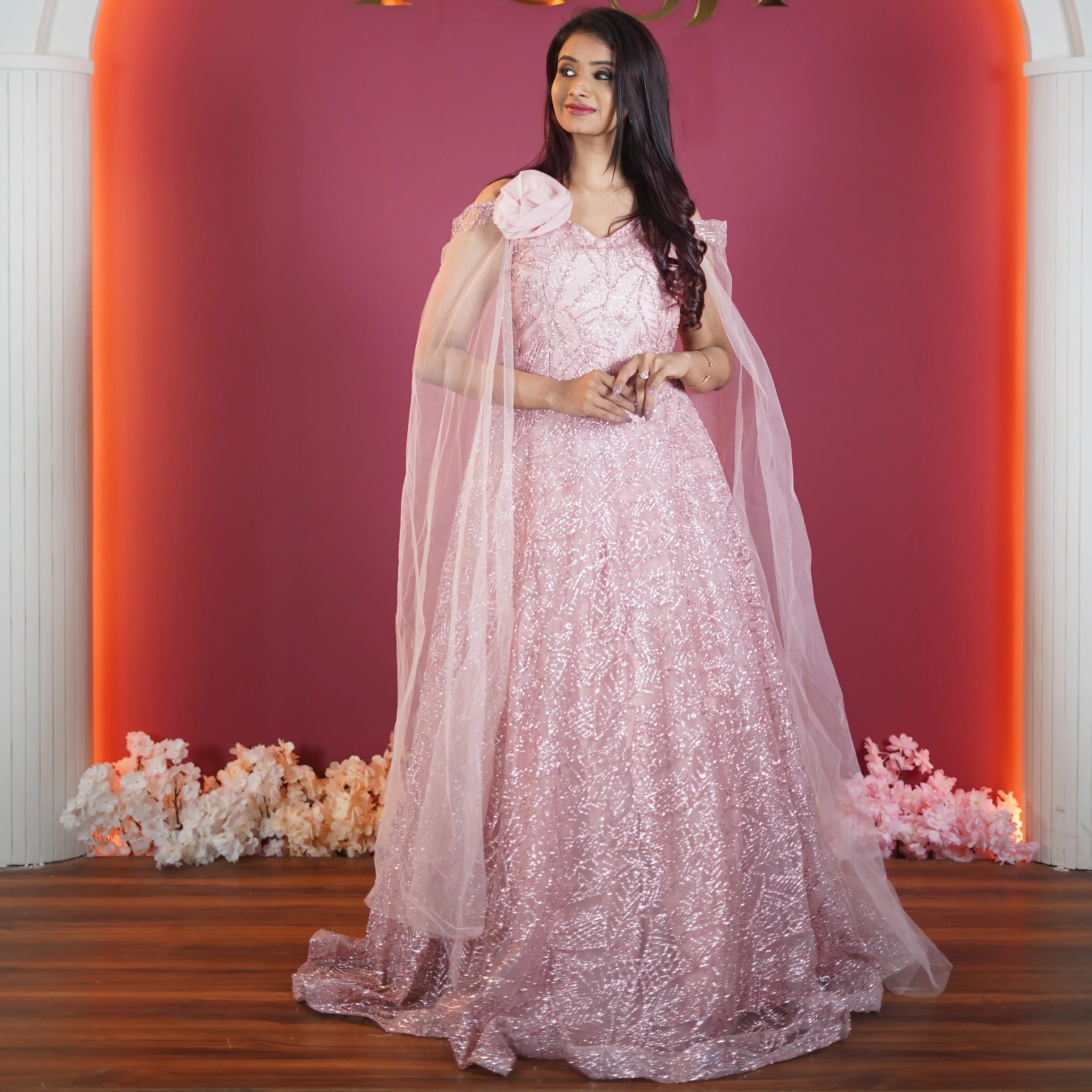 blush pink designer sequin evening gown available at Posh Wedding Rental Kerala reception gown rental