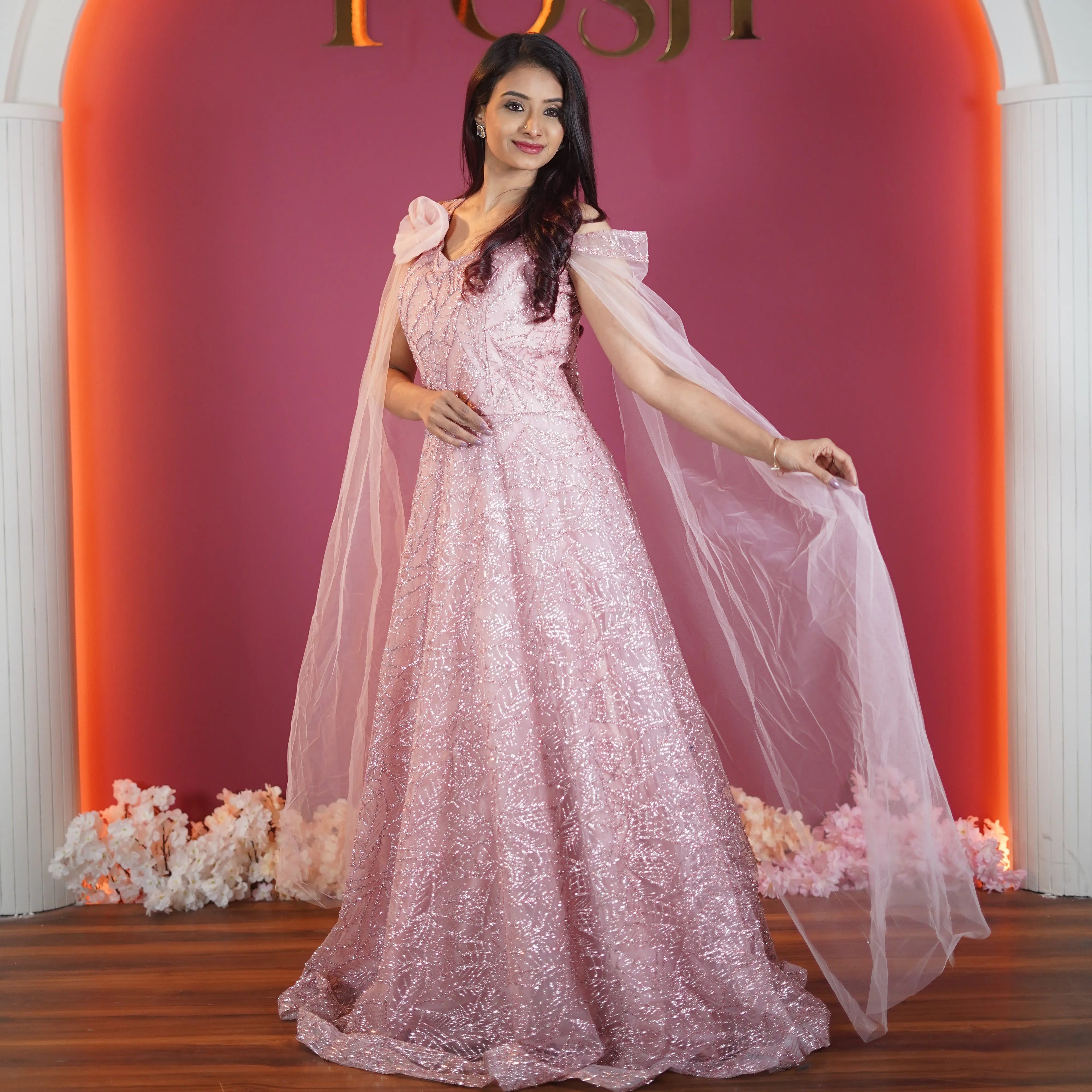 blush pink designer sequin evening gown available at Posh Wedding Rental Kerala reception gown rental