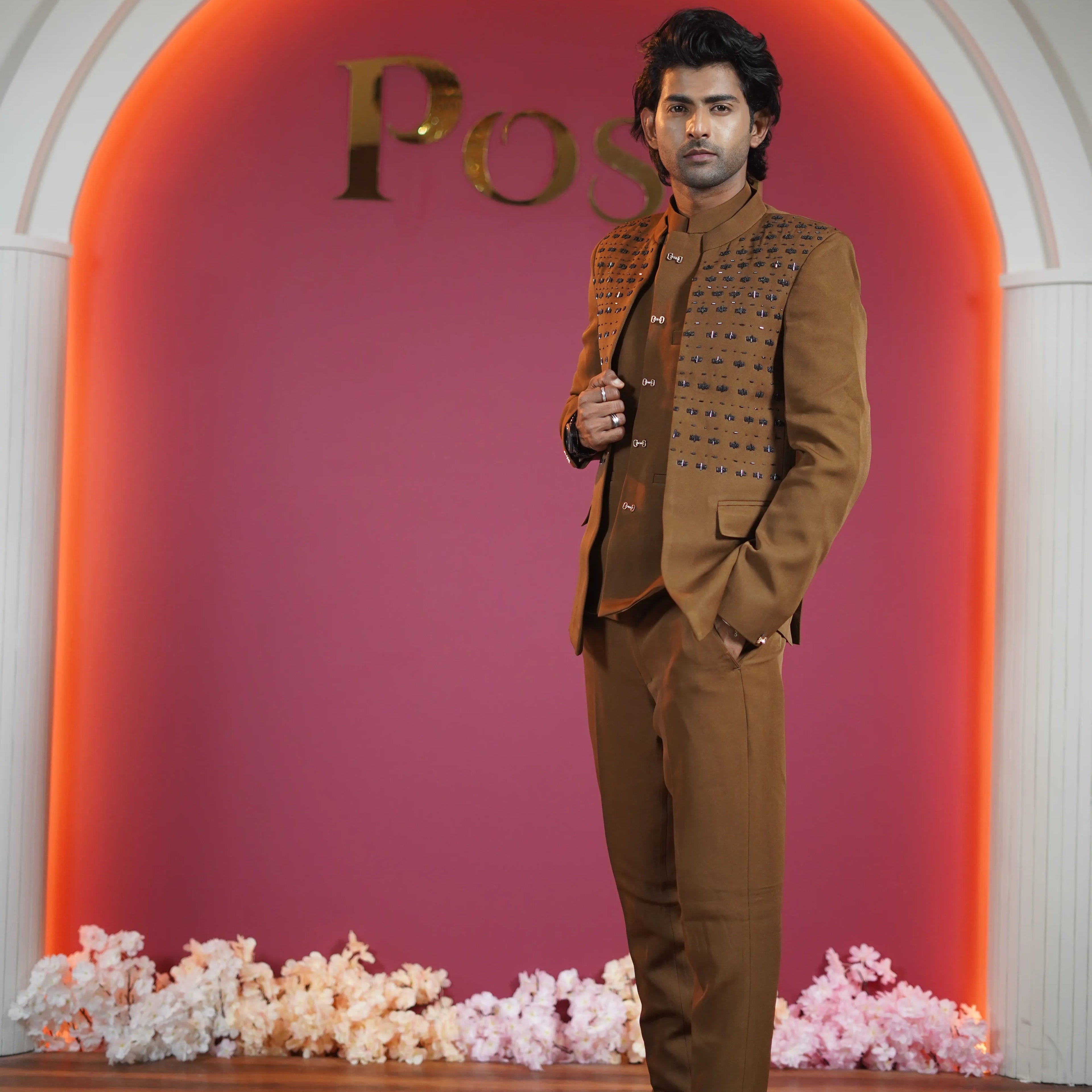Brown designer Open jodhpuri groom suit available on rent at Posh Wedding Rentals Kerala.
