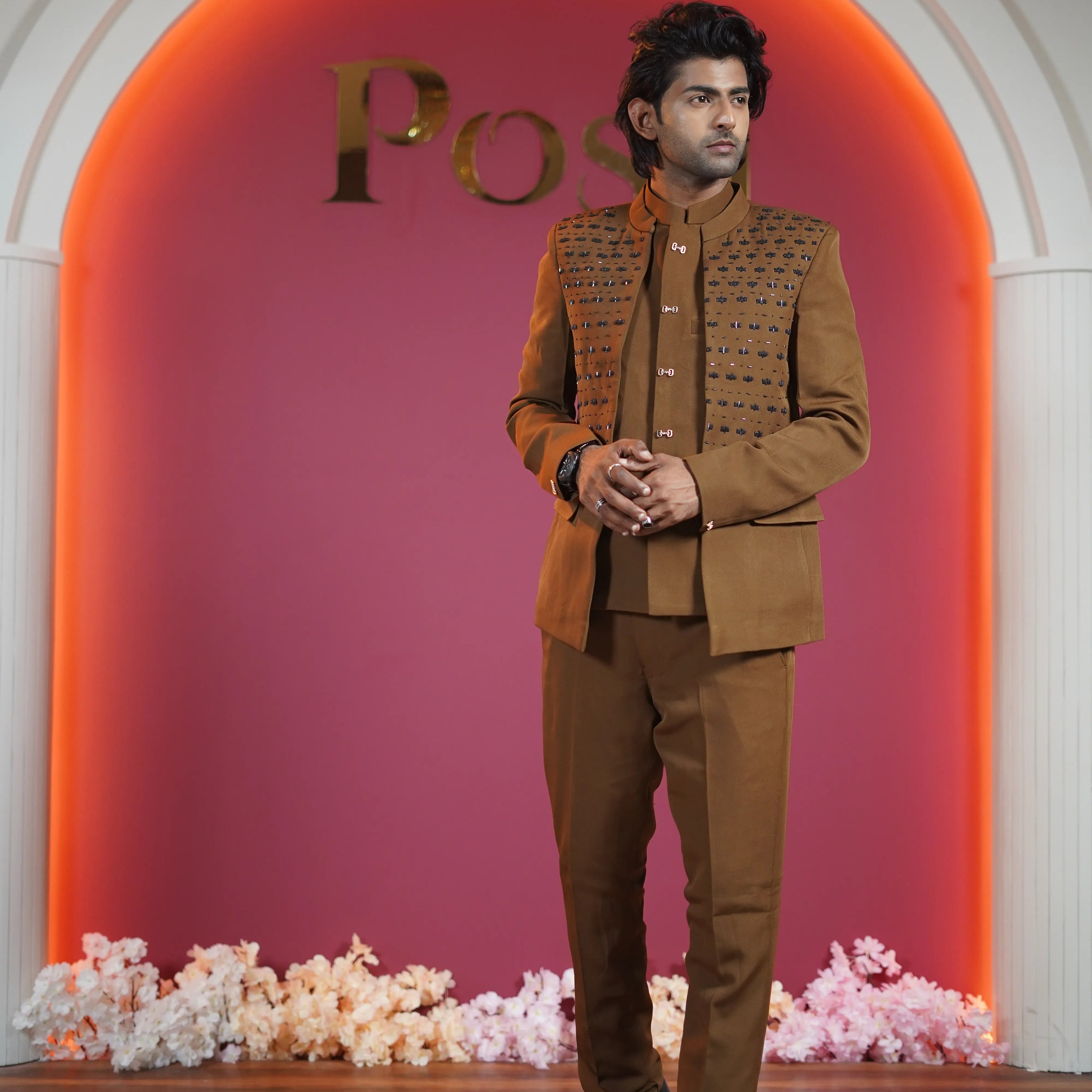Brown designer Open jodhpuri groom suit available on rent at Posh Wedding Rentals Kerala.