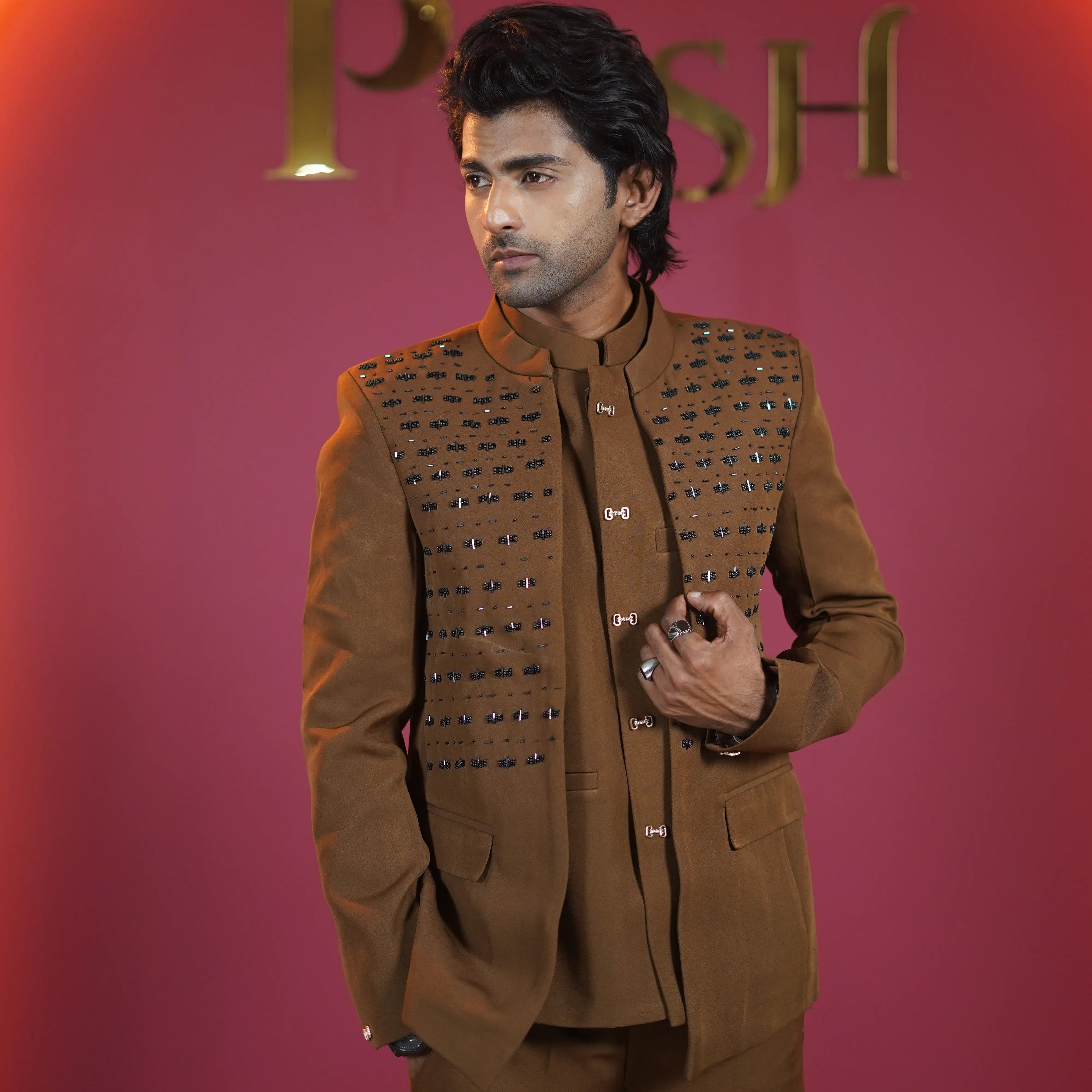Brown designer Open jodhpuri groom suit available on rent at Posh Wedding Rentals Kerala.