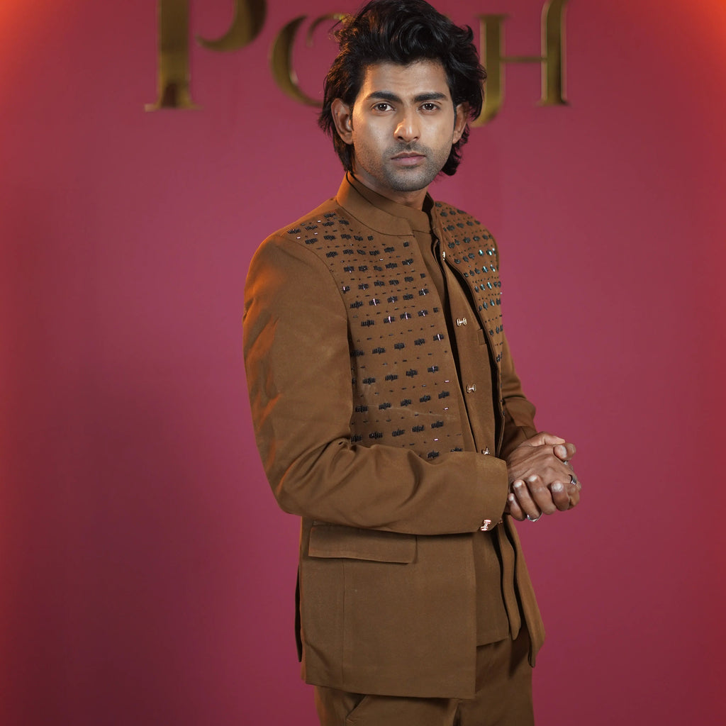 Brown designer Open jodhpuri groom suit available on rent at Posh Wedding Rentals Kerala.
