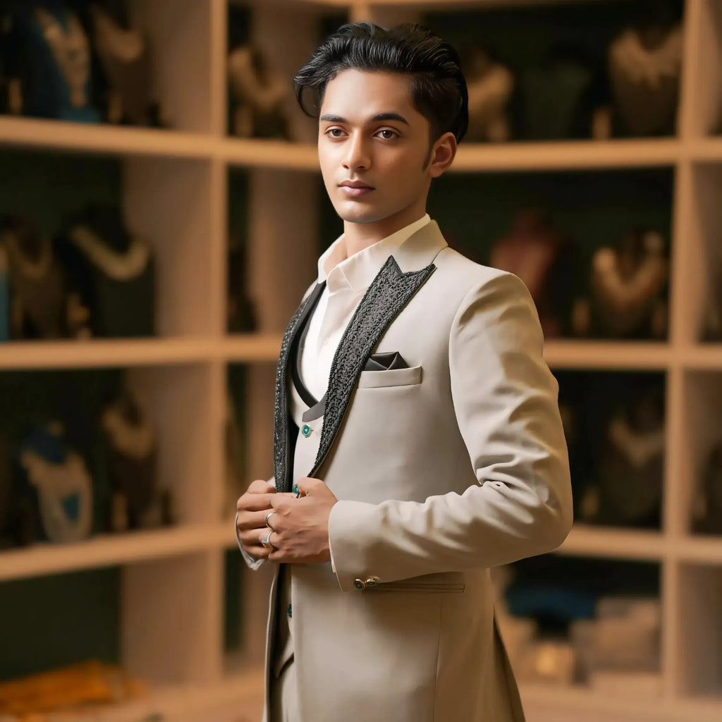 Cream tuxedo suit with black textured lapel