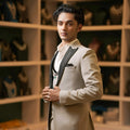 Cream tuxedo suit with black textured lapel