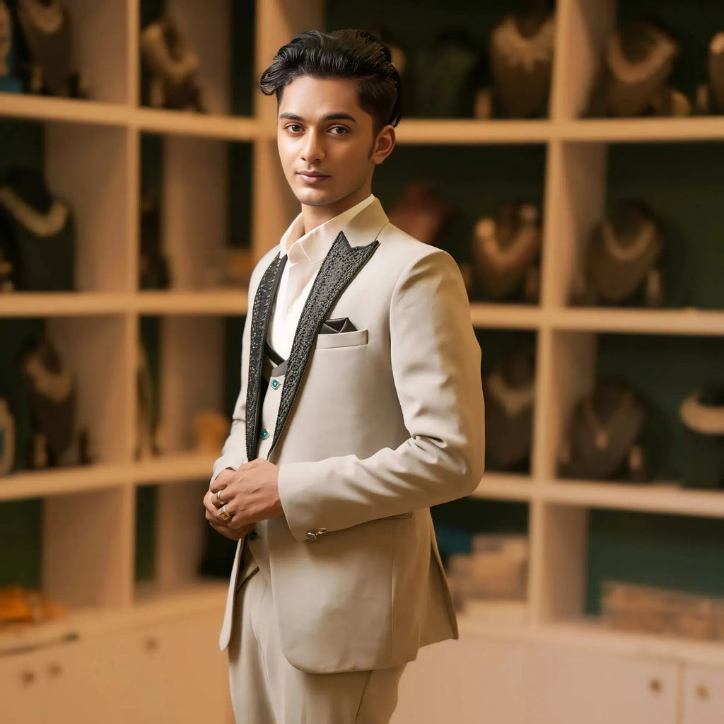Cream groom tuxedo for wedding reception